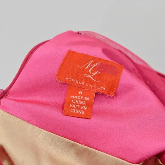 MONIQUE LHUILLIER Dress Sz 6 Pink Lace Sheath Floral Overlay Scalloped Cocktail - Picture 8 of 13